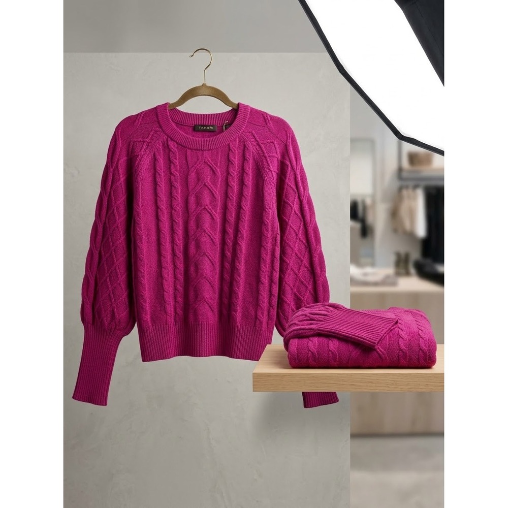 Tahari Paris Fuchsia Cable Knit Balloon Sleeve Sweater XL H206502